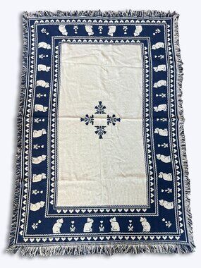Vtg Cat Throw Blanket Woven Cotton Blue Cream Heart Reversible Grandmacore 45x66